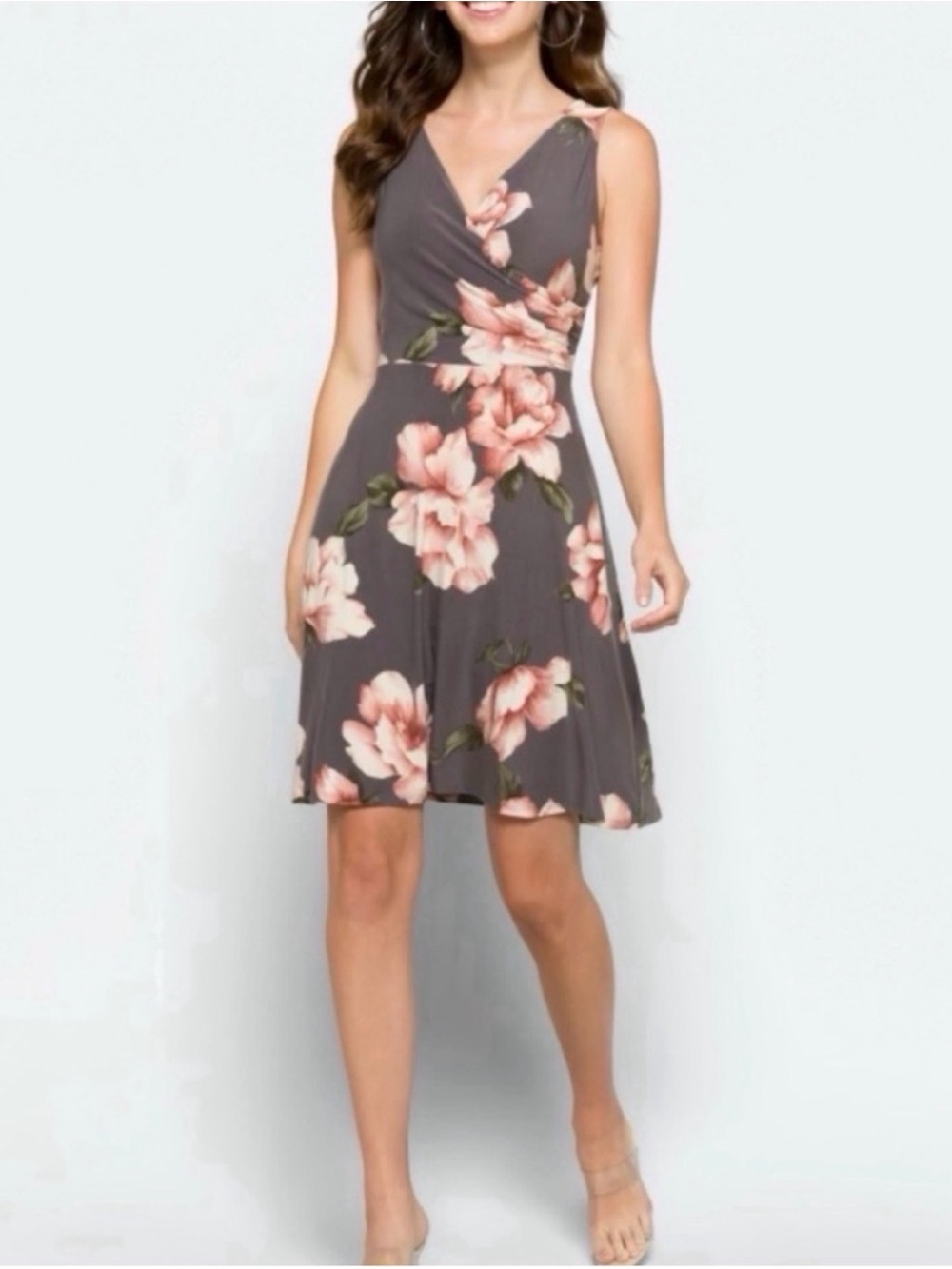 NWOT Floral Wrap V-Neck Dress - Gray with Pink Blooms